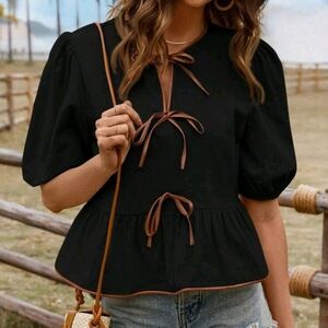 Elegant Black Puff Sleeve SHEIN LUNE Women's Casual Puff Sleeve